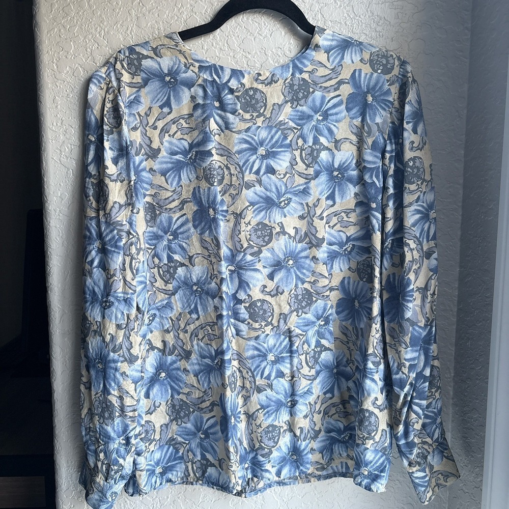 Vintage Nordstrom POV 90s Silk Blue Floral Long‎ Sleeve Blouse 12